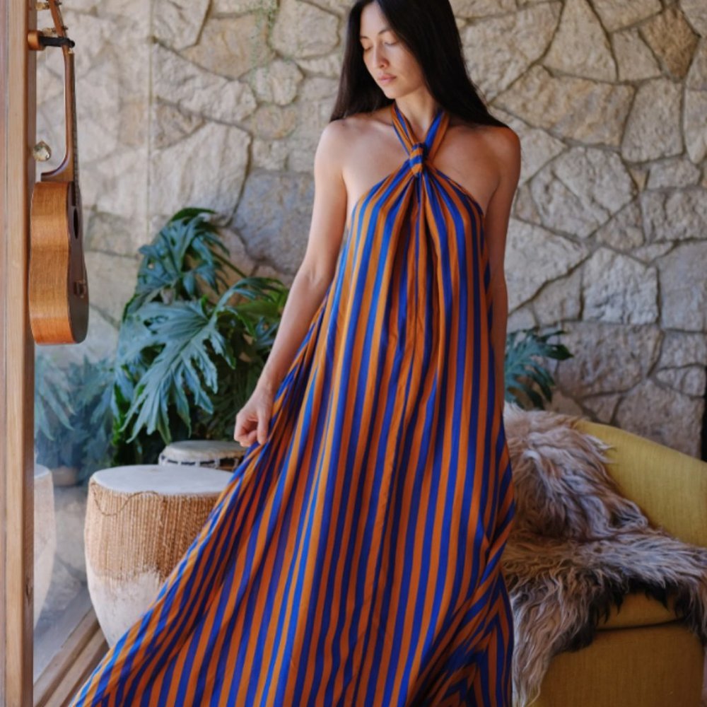 Natalie Martin Astrid Halter Maxi Dress – Blue & Rust Stripe – Size Small
